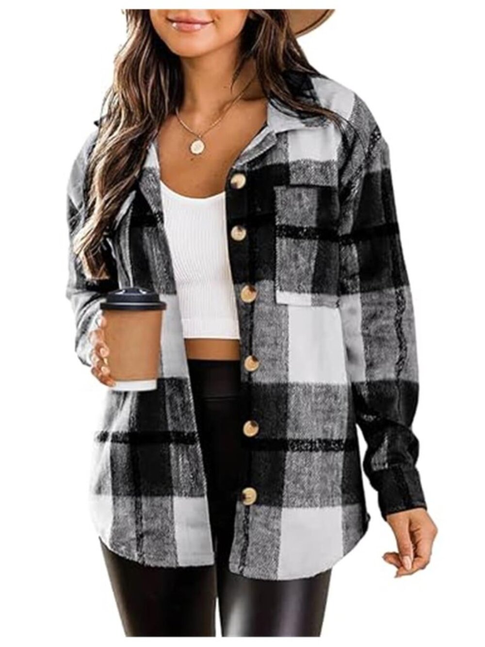 Flannel Shacket Plaid Button Down Long Sleeve Shirt Jacket Grey Black Womens